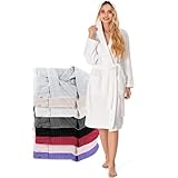Bademantel Damen - 100% Baumwolle (350g/m²) OEKO-TEX® Zertifiziert - Morgenmantel Damen mit Kapuze, 2 Taschen, Gürtel - Weiß - L
