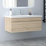 Biubiubath Badezimmer Badmöbel 100cm Mineralguss Waschtisch mit Unterschrank Hängeschrank Eiche Matt Badezimmerschränke Badschrank mit 2 Soft-Close Türen