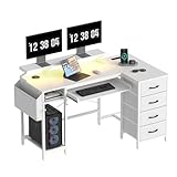 yeshine L-Förmiger Schreibtisch 140cm mit Tastaturauszug Gamingtisch mit USB-Ladeanschluss & Steckdose Computertisch mit RGB Beleuchtung & Schubladen für Arbeit, Studium, Freizei, Weiß