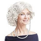 JSTHHTT 7 StüCk Oma PerüCke KostüM Alte Frau Set, Oma Cosplay ZubehöR, Oma-Brille Brillen Ketten, Perlenkette, Ohrringe, GroßMutter Alte Dame PerüCke FüR Fasching Karneval Weltbuchtag Halloween