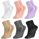 6 Paar Pilates Socken, Stoppersocken Damen Baumwolle Rutschfeste Yoga Pilates Socken mit Noppen Crew Sportsocken 38-42 für Barre Fitness Tanz