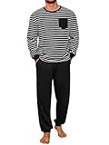 Runcati Schlafanzug Herren Lang Zweiteiliger Pyjama Set Langarm Gestreiftes T-Shirt und Einfarbig Schlafanzughose Männer Baumwolle Rundhals Nachtwäsche Schwarz L
