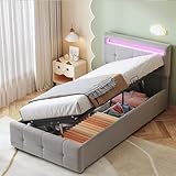 Aoskem Polsterbett Bett 90x200 Einzelbett mit Stauraum Underbett, LED-Kopfteil Höhenverstellbar, Stauraumbett Bettgestell mit Lattenrost, Rückenlehne Jugendbett Flachbett, Ohne Matratze, Samt (Grau)