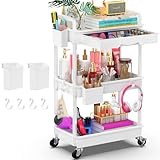Yeabett 3-stöckiger Aufbewahrungswagen mit Schublade, Allzweckwagen mit Kunststoffablage & feststellbaren Rädern, multifunktionaler Aufbewahrungswagen für Küche, Bad, Büro, Wohnzimmer, Weiß