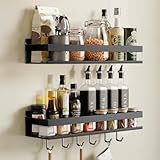 devesanter Gewürzregal Wand 2er Set Ohne Bohren Küchenregal mit 6 Haken, Hakenleiste Hängend Gewürzregal Schranktür Duschablage für Küche Badezimmer Balkon （Schwarz,40 cm）