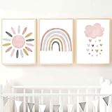 IBXWMNG Kinderzimmer Poster, 3er Set Boho Regenbogen, Sonne & Wolke Deko - Wandbilder für Jungen & Mädchen, Wohnzimmer, Schlafzimmer - ohne Rahmen - stilvolle Wanddeko