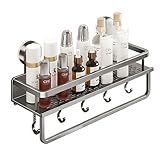 LzPoaitr Duschablage ohne Bohren, Duschregal mit Saugnapf - Rostfreie Alu Wandregal mit 5 Haken, 40cm für Badezimmer in Schwarz