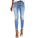 Damen Dehnbare hoch taillierte -Jeans mit geradem Bein und ausgefransten -Denim-Hosen Damen Hosen Stretch Stoff (A, M)