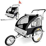 SAMAX Fahrradanhänger Jogger 2in1 Kinderanhänger Kinderfahrradanhänger Transportwagen vollgefederte Hinterachse für 2 Kinder in Weiß/Schwarz - Silver Frame