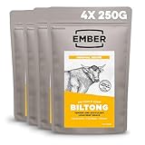 Ember Snacks - Biltong Beef Jerky (250 g x 4 Orginal) Proteinreich, kalorienarm. Fettarmer, Snack für unterwegs - hergestellt aus britischem und irischem Rindfleisch