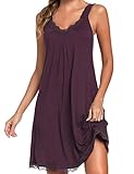 Uniexcosm Nachthemd Damen Ärmelloses Kurz Baumwolle Nachtkleid Spitze V-Ausschnitt Nachtwäsche Sexy rutschfeste Schultergurte Freizeitkleid Sleepwear Dunkelfuchsia XXL