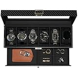 KILHS Uhrenbox mit 6 Fächern,Uhrenbox mit Glasdeckel,Uhrenaufbewahrung Box mit 1 Schublade zur Aufbewahrung von Schmuck, Ringen, Manschettenknöpfen usw.Schwarz-Schwarz