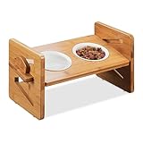Relaxdays Futterstation Hund, höhenverstellbare Hundebar, 2 Näpfe, je 250 ml, Bambus & Keramik, Napfständer, Natur/weiß
