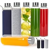 Solvant 6er Set Trinkflasche Glas 500 ml, Wasserflasche mit Edelstahldeckel, Klares Auslaufsicheres Smoothie Flaschen Glasflasche-set zum Entsaften, KohlensäUrehaltige GeträNke, KaltgeträNke