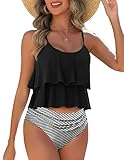 AI'MAGE Tankini Damen Bauchweg Tankini Set mit Oberteile und Badeshorts Badeanzug Beachwear Zweiteiler Bedruckter Bademode Hotpants High Waist Swimsuit schwarz L