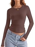 shownicer T-Shirt Damen Rundhals Eng Tshirt Basic Langarm Oberteile Slim Fit Y2K Tops A Braun XS