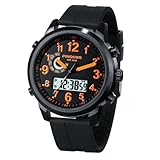 PINDOWS Militär Uhr Herren Digitaluhr, Outdoor 5 ATM Wasserdicht Stoppuhr Sport Männer Junge Armbanduhr mit 12/24H Wecker Alarm LED Kalender Countdown,Orange