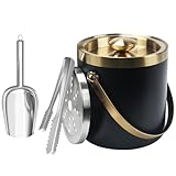 Minnhua 3L Eiswürfelbehälter mit Deckel Sektkühler Flaschenkühler Champagner Kühler Doppelwandiger Eiskübel aus Edelstahl mit Deckel Sieb Eisschaufel und Eiszange für Partys Bier Cocktailbars Schwarz