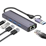 5-in-2 USB C to Ethernet Adapter 1000 Mbps with 3 x USB 3.0 & 1 x USB-C, USB 3.0 to RJ45 Gigabit LAN Network Adapter Nylon Braided & Aluminium Alloy Ethernet Hub for PS4/5, MacBook, Surface, XPS, ETT