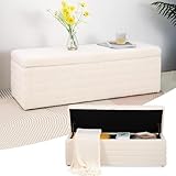 LEUTED Sitzbank mit Stauraum, Schuhbank mit Sitzfläche, Teddystoff Sitzhocker, Sitztruhe mit großem Stauraum Aufbewahrungsbox, Sitzbox für Schlafzimmer Wohnzimmer Weiß (118x40x40 cm)