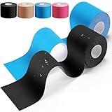 HONYAO Kinesiotapes 2 Rollen, Kinesiologie Tape (5m×5cm), Physio Tape für Schulter, Rücken, Knie, Ellenbogen und Nacken, Tape Sport, Hautfreundlich, Elastisch & Wasserfest - Blau & Schwarz