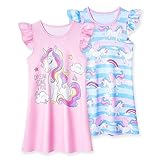 LQSZ 2 Stück Nachthemden für Mädchen von 3 bis 10 Jahren mit kurzen Flatterärmeln, Nachthemden, Pyjamas, Nachthemden für Mädchen, I-Einhorn, (5-6)anni