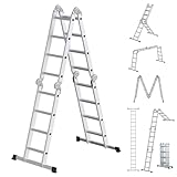 SONGMICS Leiter, Mehrzweckleiter, Trittleiter, Aluleiter, Haushaltsleiter, 4 x 4 Stufen, bis 150 kg, 16 Stufen, in 6 Positionen, 430 cm lang, silbern GLT046E01