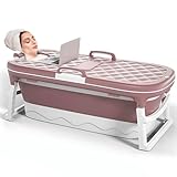 Warmiehomy Tragbare Faltbare Badewanne Erwachsene,138x62x52cm GroßE Klappbare Badewanne,Dicke Freistehende Badewannen,Massage-Schweiß-Dampfbadewanne mit Deckel,Heim-Sauna-Badewanne für Erwachsene,Rosa
