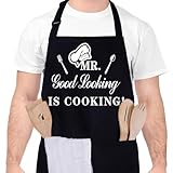 Livdouyu Lustige Kochschürze für Männer, Mr. Good Looking Is Cooking, professionelle Grillschürze, Chefkoch, Ehemann, Küchenschürze mit Doppeltasche, verstellbar, Vatertag, Geburtstagsgeschenk