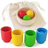 Ulanik Bälle in Tassen Starterkit Kleinkinder Montessori Spielzeug ab 1 Jahr + Baby Sensorik Bälle Holzspiele zum Zählen und Sortieren Farben Lernen — 4 Kugeln