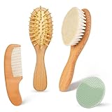 Baby-Haarbürste und Kamm-Set – 4-teiliges Kleinkind-Haarbürste mit weichen Borsten, natürlicher Holzgriff, Babypflegeset für Neugeborene, Baby-Essentials, Wiegenkappenbürste