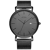BUREI Ultra Dünne Uhren Herren Schwarze Analoges Datum Armbanduhr Herren mit Japanisches Quarzwerk, Geschenke für Männer