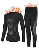 Roadbox Thermounterwäsche Set Damen - Warm Funktionsunterwäsche Damen Motorrad,Unterteil und Oberteil lang Funktionsunterwäsche Skiunterwäsche für Winter(schwarz grau,2XL)