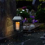 Grablaterne mit Mini LED Kerze Grablicht mit 2 wechselbaren Spitzen (Kugel, Kreuz) und Erdspieß Grableuchte Grablampe Friedhofslaterne Gartenlaterne schwarz (Laterne mit Kerze/Typ6)