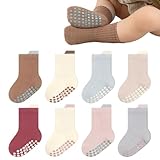 YANWANG 8 Paar Rutschfeste Socken für Kleinkinder mit Griffen Atmungsaktive Crew-Socken für Baby Jungen Mädchen(Brown+Pink,S:0-1Y)