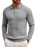 COOFANDY Poloshirt Langarm Feinstrick Herren Langärmliges Strickpullover mit Polokragen Winter Strick Schmale und Breite Streifen Polohemd Hellgrau L