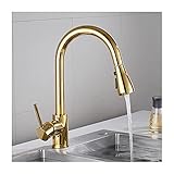 BVTUCMDY Goldener Küchenhahn, moderner ausziehbarer Küchenhahn, Einhebel-Küchenspülenhahn aus massivem Messing mit herunterziehbarem Sprüher