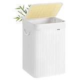 SONGMICS Wäschekorb, 95 L Wäschesammler mit Deckel, Wäschebox Bambus, mit Griffen, faltbar, Wäschesack herausnehmbar maschinenwaschbar, Waschküche, weiß LCB060W01
