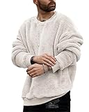 Runcati Herren Plüsch Pullover Teddy-Fleece Oberteile Oversize Sweatshirt Fuzzy Plüsch Teddy Pulli Tops für Herbst Winter Wollweiß L