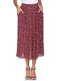 Parabler Damen Sommerrock Boho Retro Midi Langer Rock Rot Elastische Taille Chiffonrock Punkte Faltenrock Strandrock Lang Skirt M