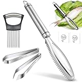 GZqiancang 4 Stk Fischentschupper Set, Edelstahl Fischschupper mit 2 Stk Klebehaken für Küche, Meeresfrüchte Märkte Alle Fische mit Großen oder Feinen Schuppen