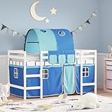 IKAYAA Halbhochbett mit Vorhängen & Tunnel für Kinder aus Kiefernholz, inklusive Lattenrost, Kinderbett 80 x 200 cm, Hochbett für Kinder, für Jungen und Mädchen, Weiß und blau