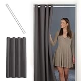 tinycurtains, Thermo Türvorhang mit Teleskopstange, einfache Montage in nur 1 Minute ohne Bohren (Türgardine grau + H195 x B150 cm + Stange weiß B70-120 cm)