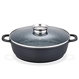 GSW Gourmet Servierpfanne aus Granit mit Aroma Glasdeckel, Pfanne Induktion mit kratzfester Antihaftbeschichtung, Bräter mit Deckel, Bratpfanne 32 cm, Schwarz