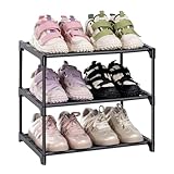 Keoudier Schuhregal mit 3 Ebenen, Schuhregal Platzsparend Schmal Schuhregale Klein Schuhaufbewahrung,Schwarz Stapelbar Metall Schuhablage für Flur, Eingang, Schrank, Schmaler Raum