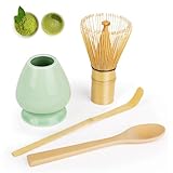 LWMTT Matcha Set Matcha-Schneebesen 80 Zinken, Matcha Schale aus Porzellan, Bambuslöffe und Match Schaufel, Matcha Besen set Matcha Zubehör 4-Teiliges Geschenk-Set Geschenk für Weihnachten Geburtstag
