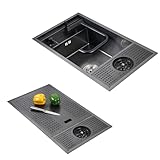 Küchenspüle, Barspüle, modern, Einbauspüle für kleine Küchen, schwarz, mit verstecktem Wasserhahn, Kombi-Spüle mit Einzelbecken, Unterbau/Aufsatz, Bauernhaus-Set, Tassenspüler, Seifenspender