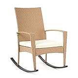 Mondeer Garten Schaukelstuhl, Outdoor GartenStuhl Schwingsessel mit Kissen Abnehmbares und Armlehnen, Polyrattan, für Garten Balkon Terrasse, Beige, 57 x 85 x 96 cm