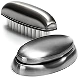 com-four® 3-teiliges Edelstahl-Reinigungs-Set - Handbürste und Anti-Geruch-Seife mit Ablageschale - zur Reinigung von Hand-, Fuß- und Fingernägeln - entfernt Gerüche (02 Stück - Bürste + Seife/Schale)