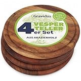 Gravidus Vesperteller aus FSC-zertifiziertem Akazienholz ⌀ 25 cm – langlebiger Brotzeitteller mit Saftrille, schnittfest & messerschonend – ideal für Frühstück, Brotzeit & Servieren (4 Stück)
